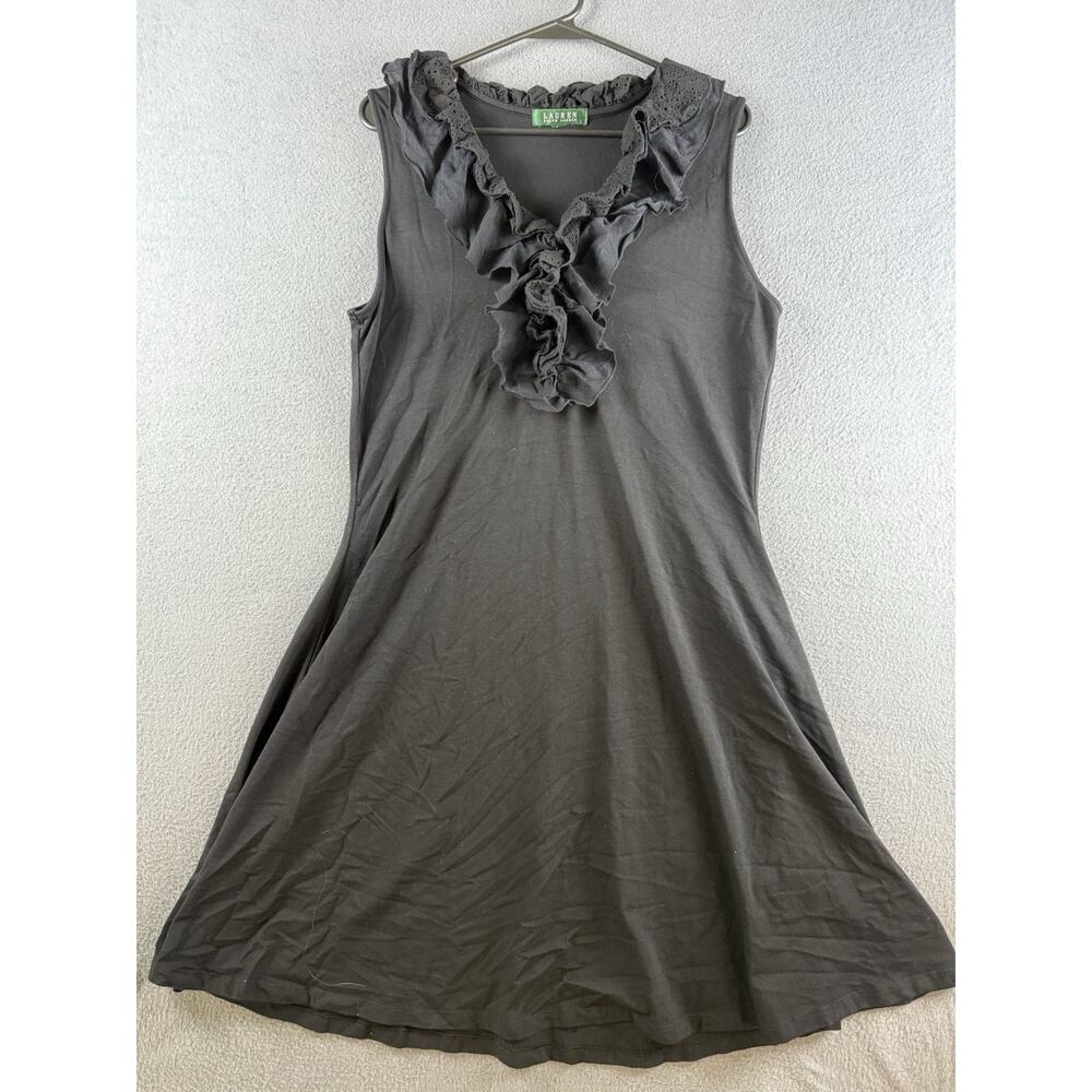 LAUREN Ralph Lauren BLACK RUFFLE NECK STRETCH A-LINE COTTON MODAL KNIT DRESS L